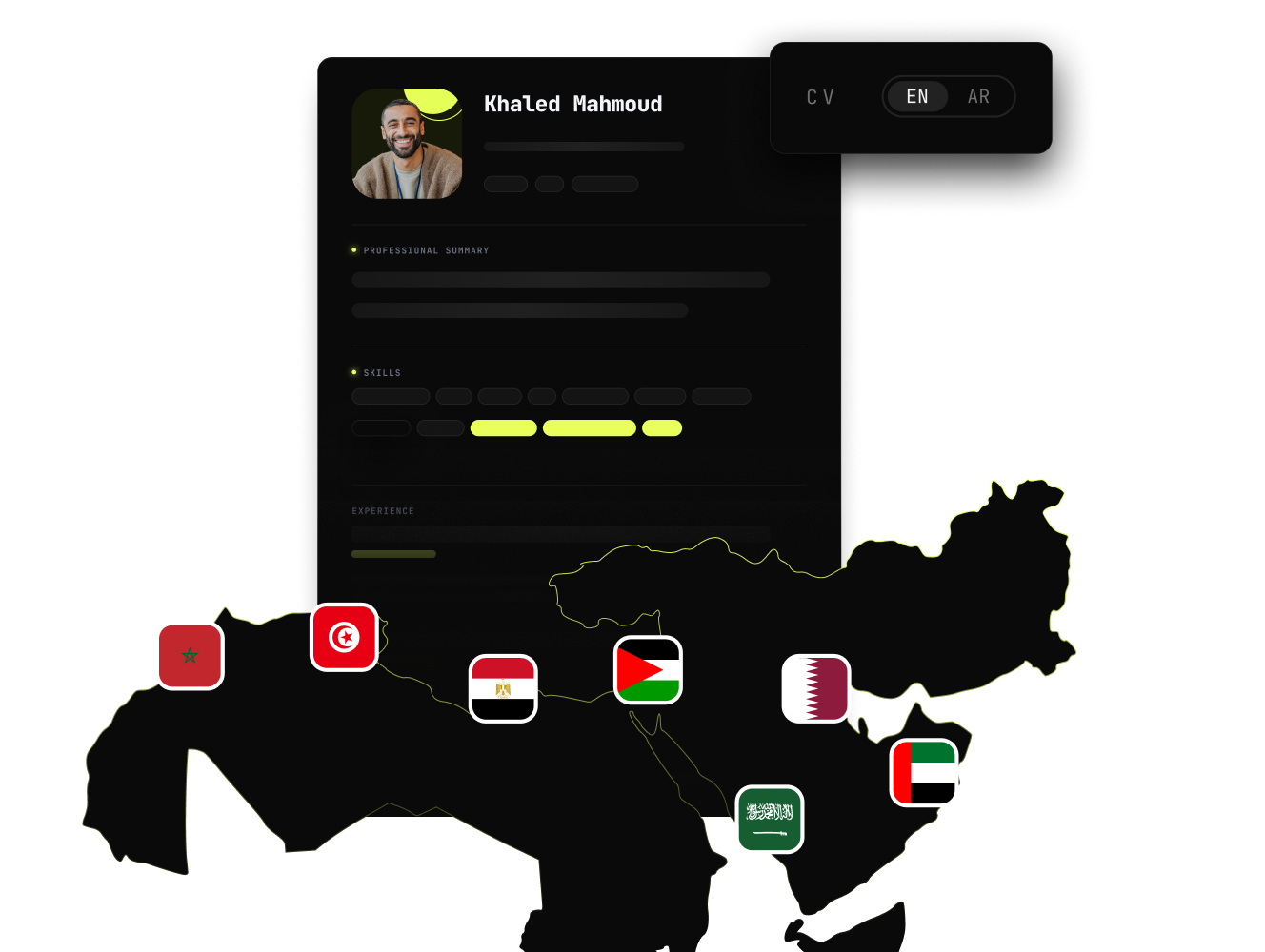 Arabic CV mockup with MENA region map